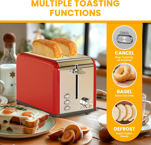 Simple Deluxe 2-Slice Toaster, Red, 6 Browning Settings, 3 Functions, Extra Wide Slot & Removable Crumb Tray