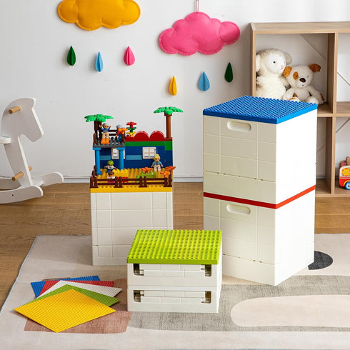 SHIMOYAMA Folding Storage Box for Duplo Blocks, 26 Qt. Foldable Toy Container, Blue with Building Lid
