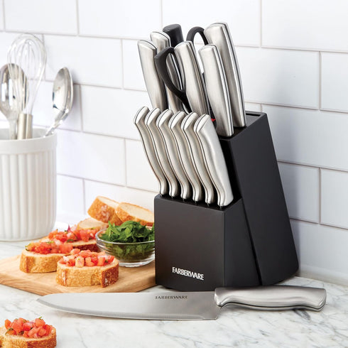Farberware 15-Piece High-Carbon Stamped Stainless Steel Kitchen Knife Set with Wood Block