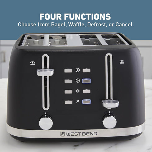 West Bend 4 Slice Toaster - Extra-Wide and Deep Slots with 3 Functions, 7 Shade Settings, Black