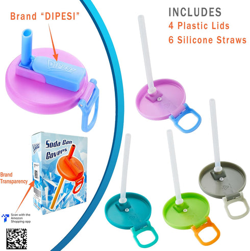 4-pack 4 ORIGINAL CREATOR - DIPESI Color Soda Can Lids with straw, Soda Can Covers with Silicone straw BPA-Free