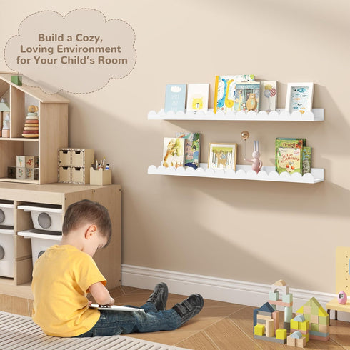 32 Inch Set 2, Fun Memories White Floating Shelf, Scalloped Picture Ledge for Nursery, of Wall Mounted Book Shelves