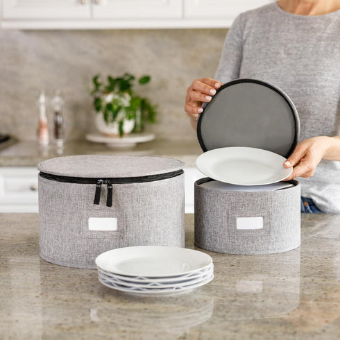China Storage Container for Saucer, Bowls, Appetizer Plates - 7" W x 5.5" H with 12 Felt Dividers, Stackable