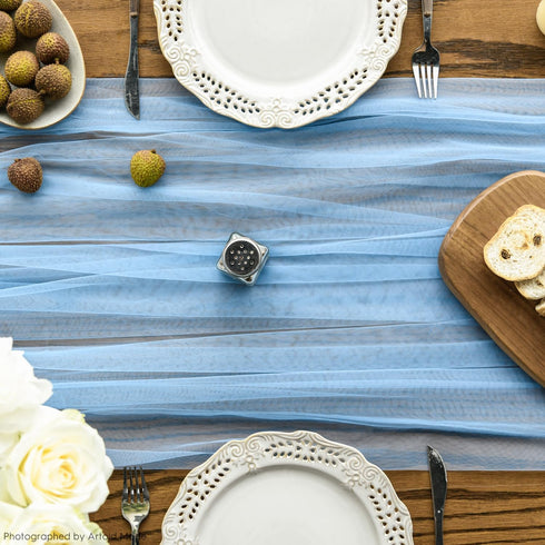 120 Inch 10FT, Artoid Mode Dusty Blue Gauze Table Runner Seasonal Sheer Kitchen Dining Holiday Wedding Birthday Baby