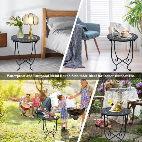 Plant Castle 14 Inch Indoor Outdoor Small Metal Round Side Table, Patio Coffee Bistro Table, Weather Resistant Black