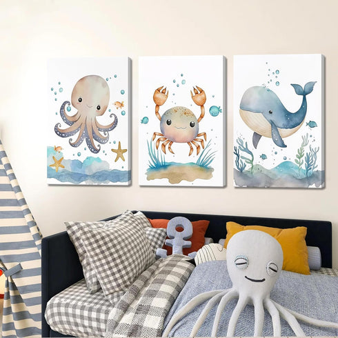 Set 3, 12x16 Inch Ocean Nursery Wall Art of Sea Animal Baby Boys Room Canvas Wall Decor Paintings, Watercolor Ocean
