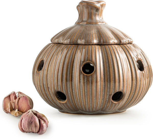 Ceramic Garlic Keeper with Lid and Holes Garlic Saver and Storage Framhouse