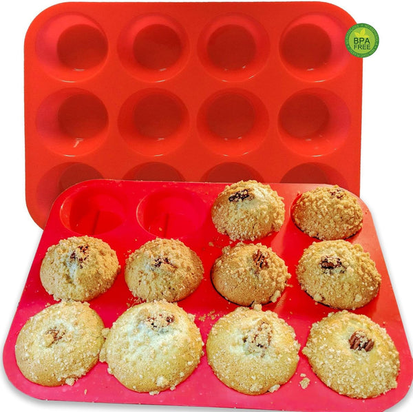 2PCS Silicone Muffin Pan - Thicken-12 Cup Non-Stick Baking Pan for Muffin Cakes, Tart, Bread - Dishwasher & Microwave