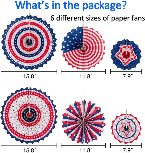 29PCS 4th of July Patriotic Decorations Set, Red White Blue Paper Fans, USA Flag Pennant, Star Streamer, Pom Poms,