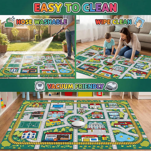 Plyra (3x5 Kids Car Road Rug Ft), Non-Slip City Traffic Play Mat for Toy Cars, Train Track Carpet for Kids Room