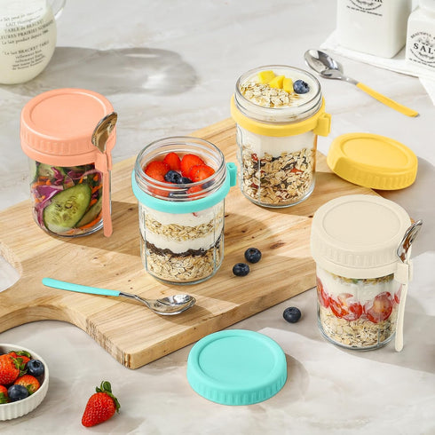 6 Pack 16 Oz DRKIO Overnight Oats Containers with Lids and Spoons Glass Mason Jars for Overnight Oats Leak Proof