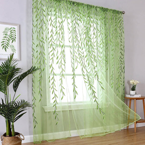 Green Sheer Curtains 108 Inches Long - Vine Leaf Patterned Curtains, 2 Panels for Living Room, Bedroom
