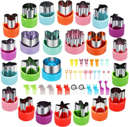 24pcs Vegetable Cutter Shapes Set, Mini Cookie Cutters, Fruit Cookie Pastry Stamps Mold with 30pcs Food Picks and Forks