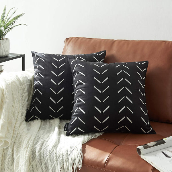 Set of 2 Black Pillow Covers 18 x 18 inches, Boho Aztec Polyester Blend Decorative Throw Pillow Covers