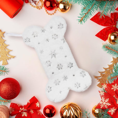 Senneny Snowy White Plush Pet Dog Christmas Stocking, Large Bone Shape Faux Fur with Silver Snowflake Sequin for