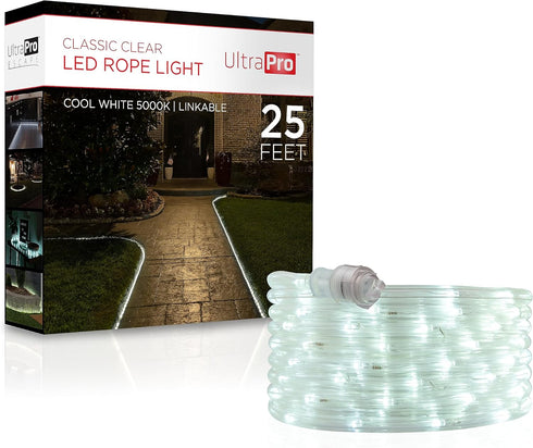 UltraPro LED Rope Lights, 25ft Classic Clear Rope, Cool White Light 5000K, Indoor/Outdoor Flexible Durable