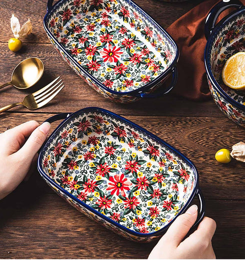 Red Daisy Flower Vintage Style Ceramic Bakeware Casserole Dish Baking Pan with Handles