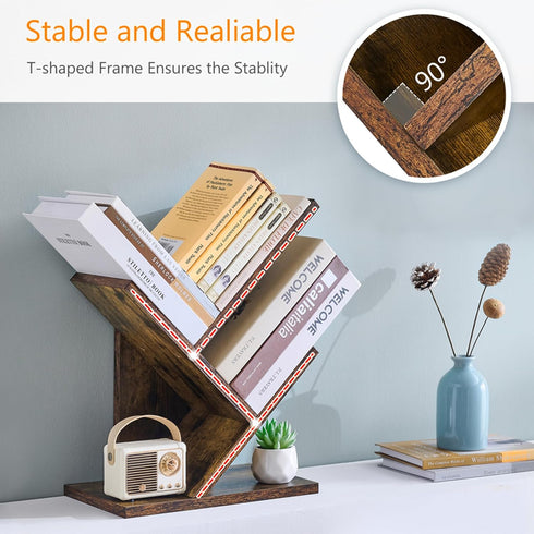 Tajsoon Tree Bookshelf, 3 Tier Book Storage Organizer, Desktop Bookshelf for CDs, Magazine, Rustic Brown