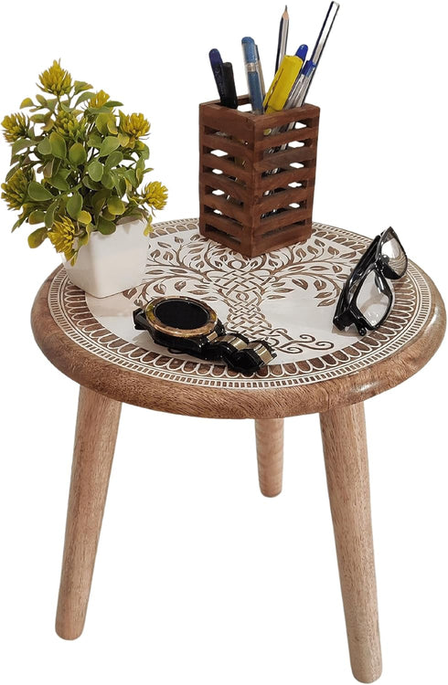 3) VANIYA CRAFTS Wooden Engraved Fold-able Side Table/End Table/Plant Stand/Stool for Living Room Bedroom Restaurant