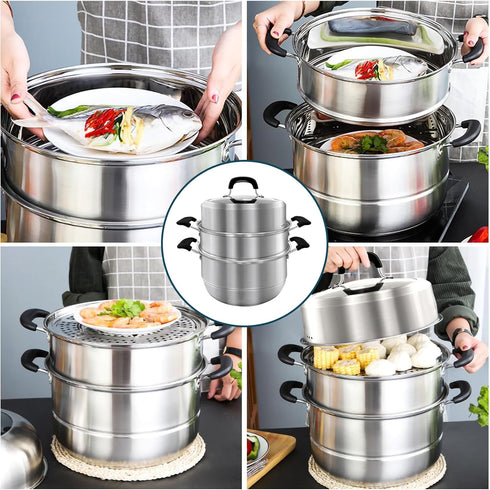 MANO Steamer Pot for Cooking, 11.8 Inch 2-Tier Stainless Steel Steaming Pot with Lid for Vegetables, Dumplings