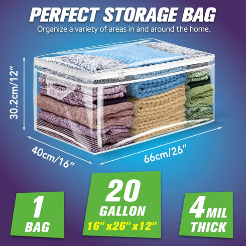 HIBAG 20 Gallon Large Storage Bag for Clothes, Zipper Clothing Organizer with Reinforced Handles