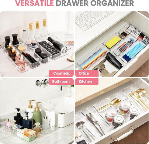 HOUSE DAY Makeup Drawer Organizer Trays, 17 PCS Clear Drawer Organizers with Silicone Pads for Vanity & Storage
