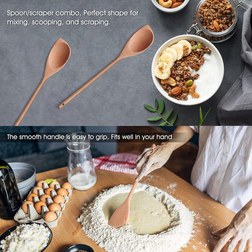 12" Wooden Corner Spoon, Solid Wood Spatula & Spoon, Handcrafted Cooking Utensil for Baking, Stirring, Serving, Scraping