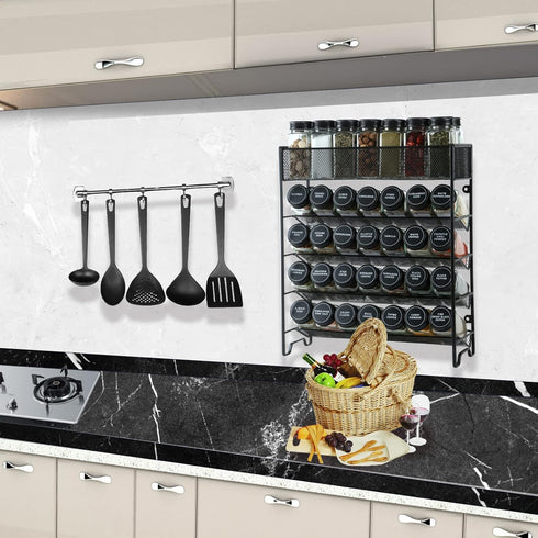28 Set Countertop, Skiileor Spice Rack Organizer with Spice Jars, Black LidsSpice Labels, Chalk pen and Funnel