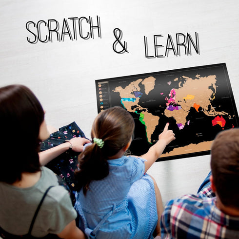 Scratch-Off World Map with US States, Track Travel Routes, Landmarks, Wonders - Laminated Large Poster (24"x36").