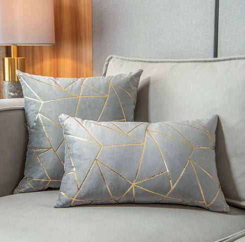 YONGLIU Pack of 2 Velvet Cushion Cases, Decorative Gold Foil Geometric Pattern Throw Pillow Covers (Gray and Gold)