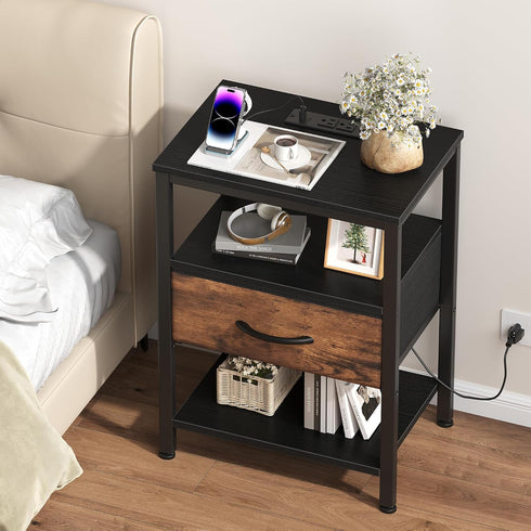 OLIXIS Nightstand with Charging Station, Bedside Tables with USB Ports and Fabric Drawer, Small Night Stand with Open