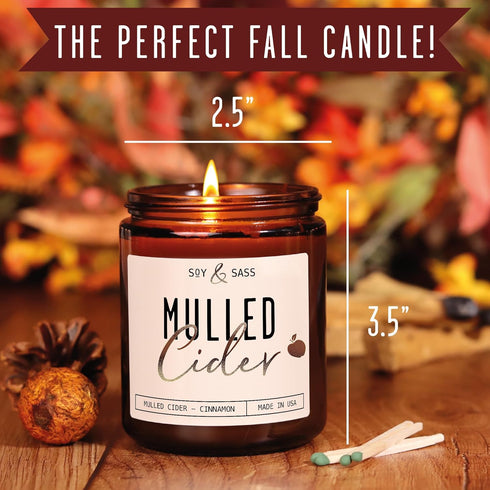 Mulled Cider Candle, Fall Scented Candle with Cinnamon & Nutmeg - Infused with Essential Oils, 9oz Reusable Jar