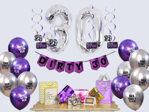 30th Birthday Purple Party Pack, Banner, Balloon, and Swirls for Birthday Decorations and Supplies