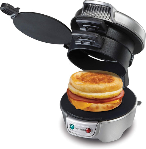 Hamilton Beach Breakfast Sandwich Maker with Egg Cooker Ring, Perfect for English Muffins, Croissants, Silver (25475)