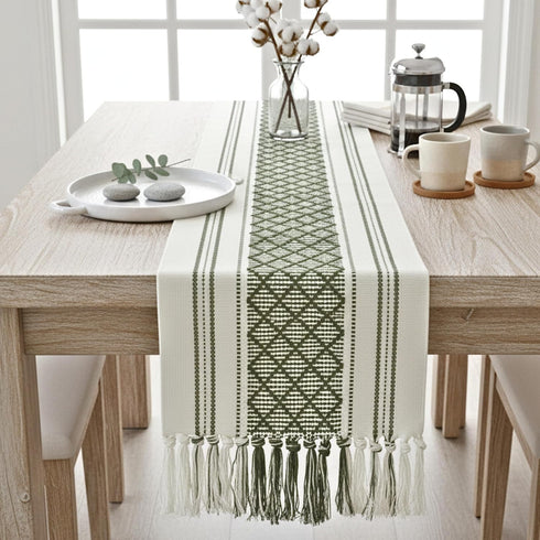 14 90 Inches, Boho Dining Table Runner with Tassels x Olive Green & Cream | Woven Washable Dresser Scarf for Bedroom |