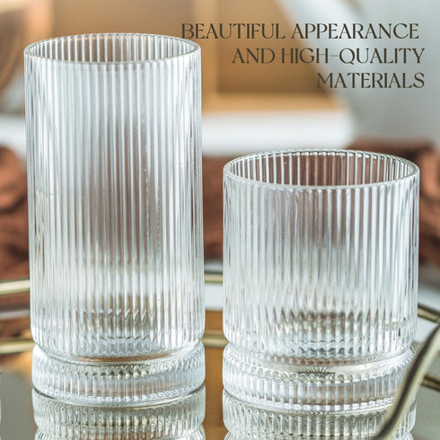 Set 16 Oz Set (6Pcs) KEMORELA Ribbed Glassware of, Origami Style XL Drinking Glasses with Straws, Vintage Glassware