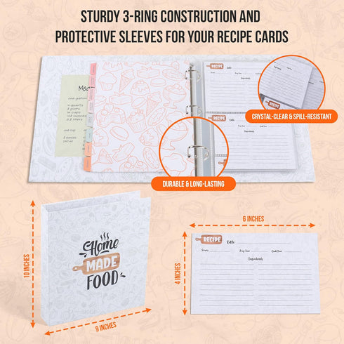 Recipe Binder with Plastic Sleeves - Hard Cover, Includes 40 Blank Cards and 8 Dividers