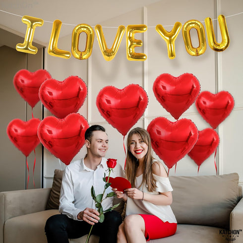 KatchOn I Love You Balloons Set, 18 Inch, Pack of 18, Foil Red Heart Balloons for Valentine's Day Decorations