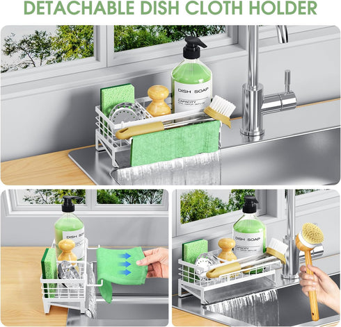 Self-Draining Kitchen Sink Caddy, Rustproof Non-Slip Sponge Holder with Detachable Dish Cloth Holder (White)