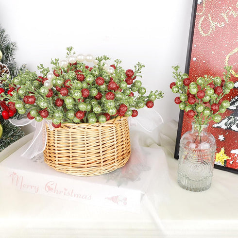 Meching 24 Pack 7.5 Inch Christmas Glitter Green Red Berry Stems, Artificial Christmas Berries Picks for DIY Crafts