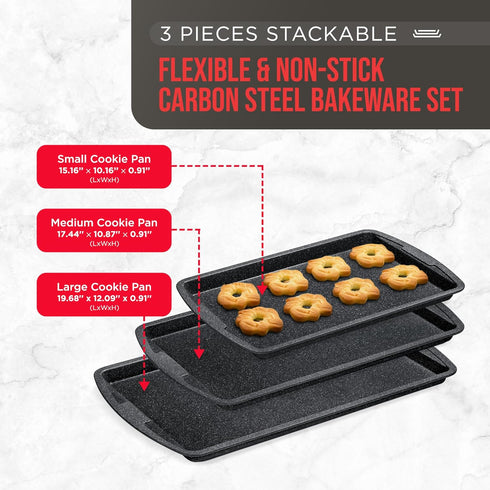 Bakken Swiss Cookie Sheet 3 Piece Set - Non-Stick, Stackable Baking Pans, Gray marble Deluxe Ceramic Coating – Dishwasher Safe - for Home Baking by BAKKENMASTER