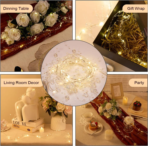 3-8mm Centerpiece(3.28ft/Set, 2 Set) Iridescent Bead String with Fairy Lights Battery Operated, Artificial Crystal