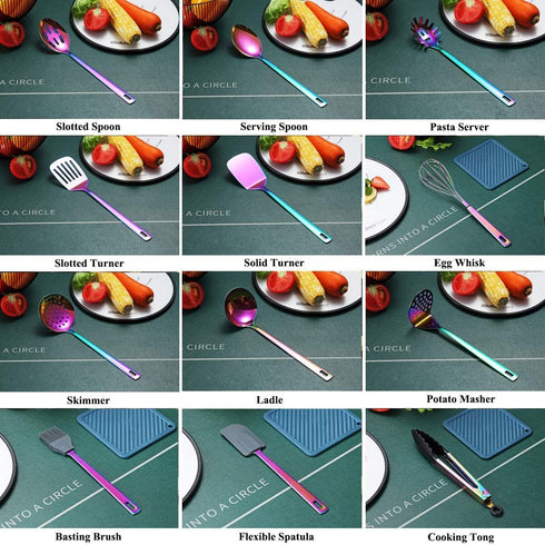 Rainbow Kitchen Utensils Set, 13 Pieces Stainless Steel Cooking Tools Set with Titanium Rainbow Plating, Utensil Holder