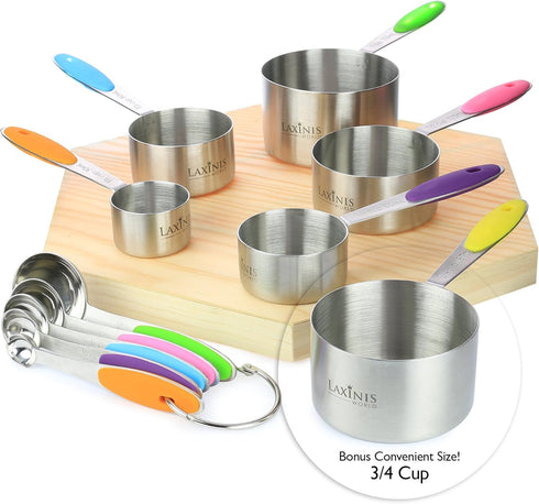 New Version! 11 Piece Measuring Cups and Spoons Set by Laxinis World - Stainless Steel with Silicone Handles