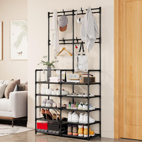 5-Tier 8 UDEAR Coat and Shoe Rack, Entryway Coat Rack with Hooks, Double Row Shoes Organizer for Living Room, Bedroom