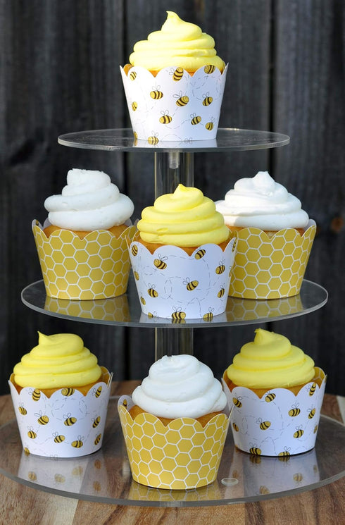 Honey Bee Cupcake Wrappers, Set of 24 Scalloped Cup Cake Holder Wraps for Parties, Yellow Black