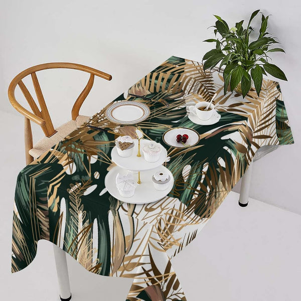 JanJCurt Tropical Palm Leaves Tablecloth, Summer Hawaii Golden Green Tropical Leaves Botanical Table