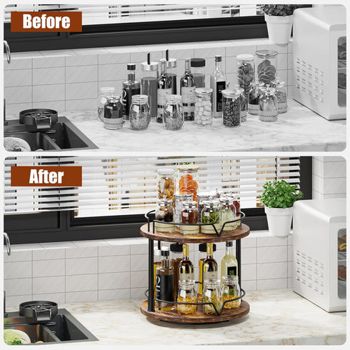 12" 2 Countertop KLM Wood Lazy Susan, Rotating Spice Rack, Tier Spice Turntable Organizer, Industrial Turntable Spice