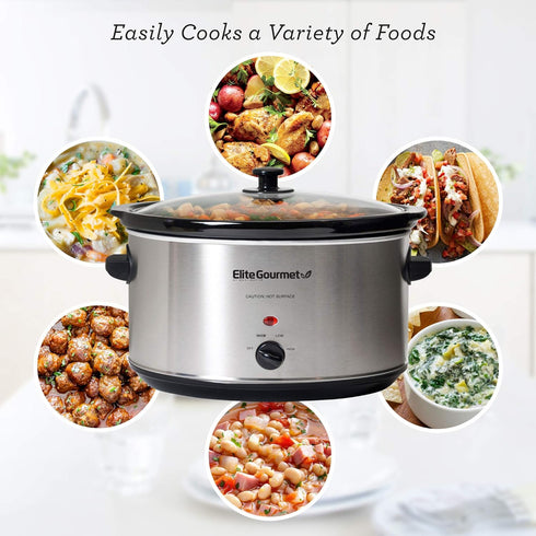Elite Gourmet Stainless Steel Slow Cooker, 8.5 Quart, Dishwasher-Safe with Tempered Glass Lid