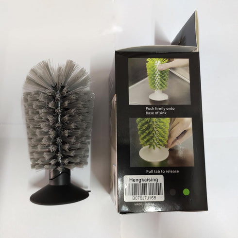 Hengkainsing Brush-Up Glass Brush with Suction Cup - Upright Stays in Sink for Kitchen Bottle Cleaning (Gray)